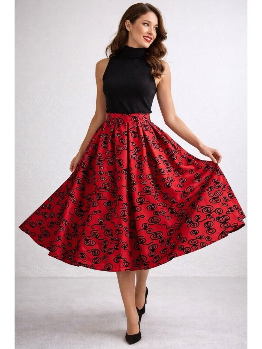 Vintage Chetta B Evening Red Black Swirl Circle Midi Skirt Size 8 Rockabilly